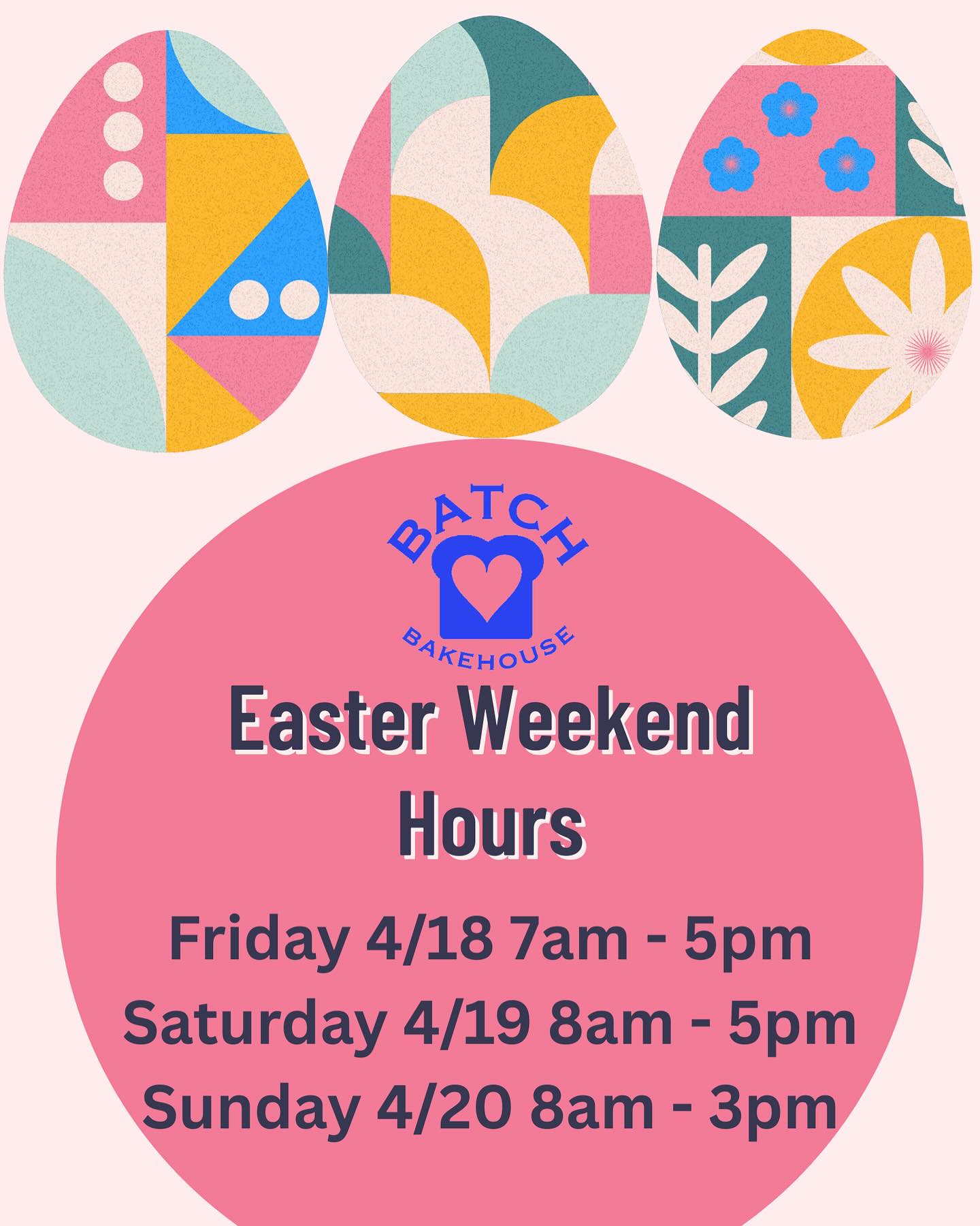 Swing by Batch and snag your Easter treats today and tomorrow! As a reminder, due to the volume of in-person orders, we are not offering same day holds this weekend. As always, come early for the best selection. We’ll see you soon!
